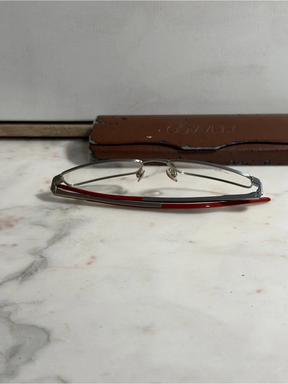 NWT Dior Homme Silver Rectangular Eyeglass Frames with Red Temples
